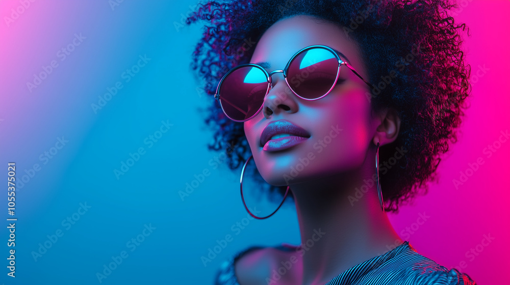 Obraz premium Confident Woman With Curly Hair And Round Sunglasses In Neon Lighting
