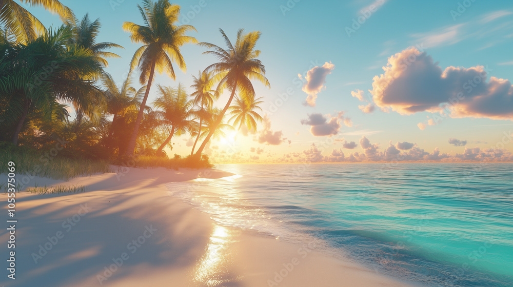 Tropical Beach Sunset With Palm Trees And Soft Waves Tropical Beach Sunset With Palm Trees And Soft Waves