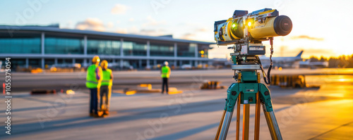 Close up of survey equipment on tarmac with workers in safety vests. scene captures essence of teamwork and precision in airport environment