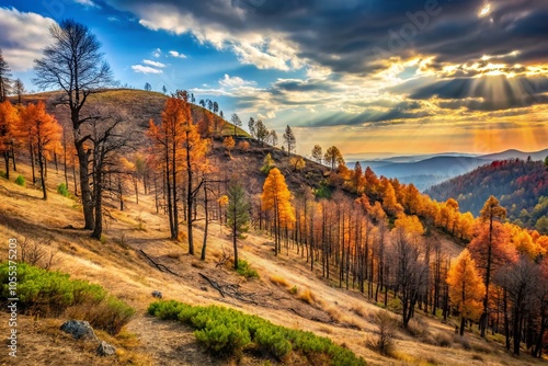 Aftermath of Wildfire on Burnt Hillside with Charred Trees and Clear Line of Fire Stopping photo