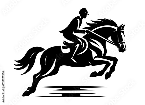 minimalistic black silhouette of jockey on horse in motion, highlighting power and grace black vector
