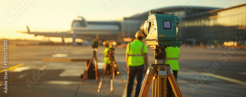 Close up of survey equipment on tarmac with workers in safety vests, capturing essence of precision and teamwork in airport setting