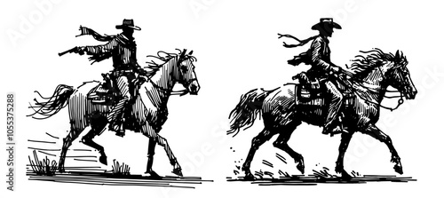 expressive drawing of cowboy riding in motion, showcasing rugged strength in a simple style black vector