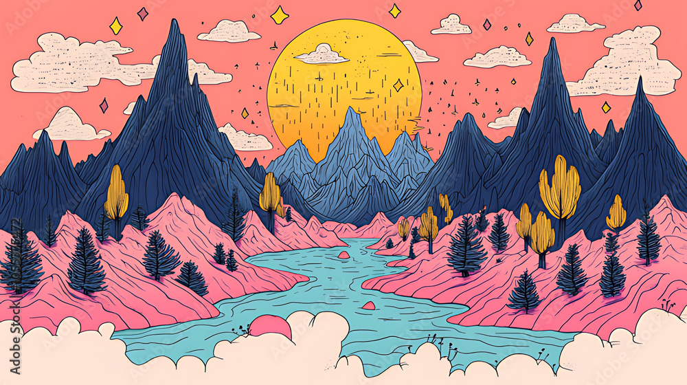 Fototapeta premium A whimsical illustration of a landscape with mountains, a river, and a setting sun.