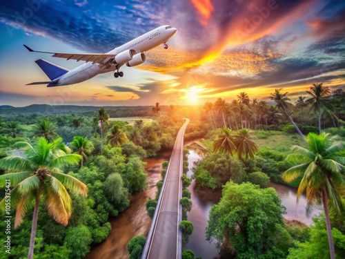 Wallpaper Mural Airplane Wing Over Lush Jungle at Dawn – Aerial Photography for Travel Enthusiasts Torontodigital.ca