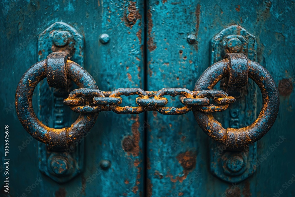 Rusty Chain Connecting Two Metal Door Handles Rusty Chain Connecting Two Metal Door Handles