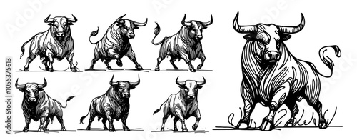 illustration of fierce bull in classic style, black vector drawing
