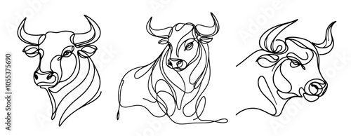 monoline bull head illustration with flowing lines, black vector
