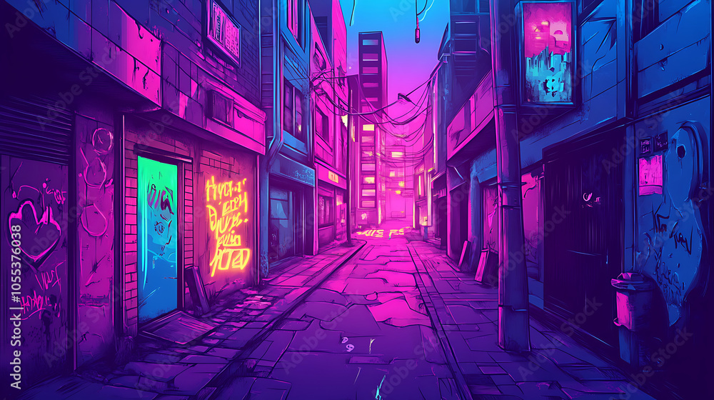 Fototapeta premium A detailed vector scene of a neon lit cyberpunk city