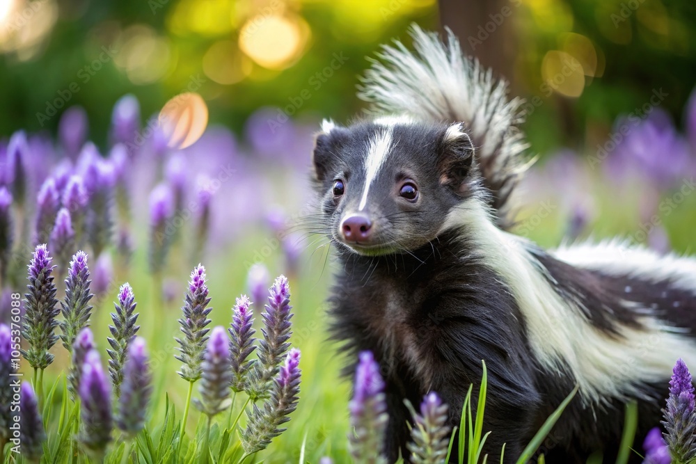 Aerial view of black and white skunk amidst lavender fields in nature