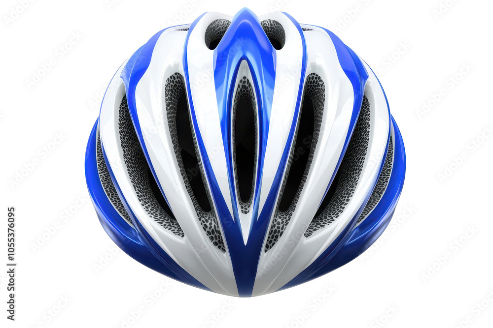 Front view of a modern blue and white bicycle helmet with vent holes, designed for safety and comfort during cycling adventures. Front view of a modern blue and white bicycle helmet with vent holes, designed for safety and comfort during cycling adventures.