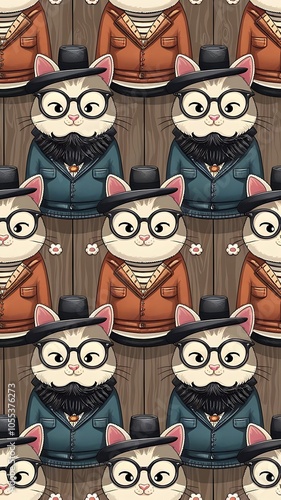 Seamless pattern with hipster cute cats for children