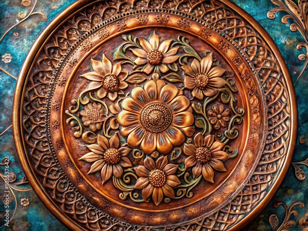 Obraz premium Antique Floral Designed Bronze and Copper Plate Top View Graphic Element for Elegant Decor and Design Projects