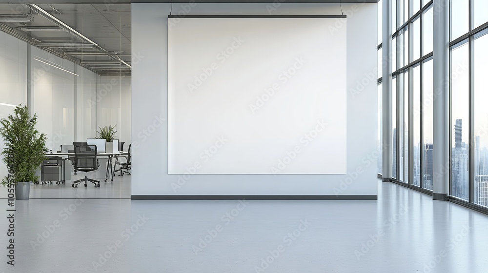 Blank white wall in modern office interior with minimalist design and natural lighting Blank white wall in modern office interior with minimalist design and natural lighting
