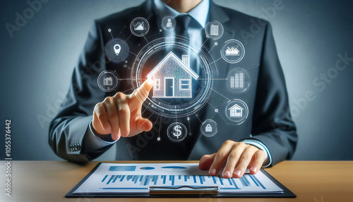 Man touches virtual house icon for mortgage loan analysis. Real estate investment, interest rate, business planning concept.
