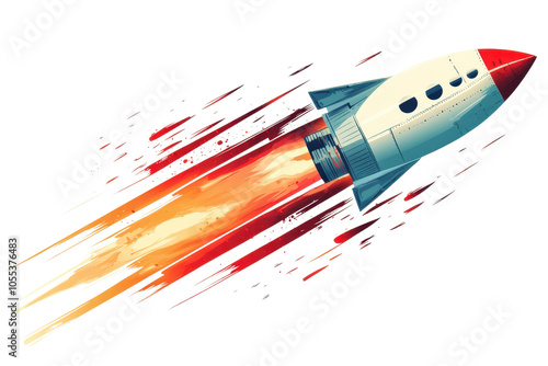 Retro-style illustration of a rocket launching into space with blazing flames, symbolizing innovation, adventure, and the spirit of exploration. photo