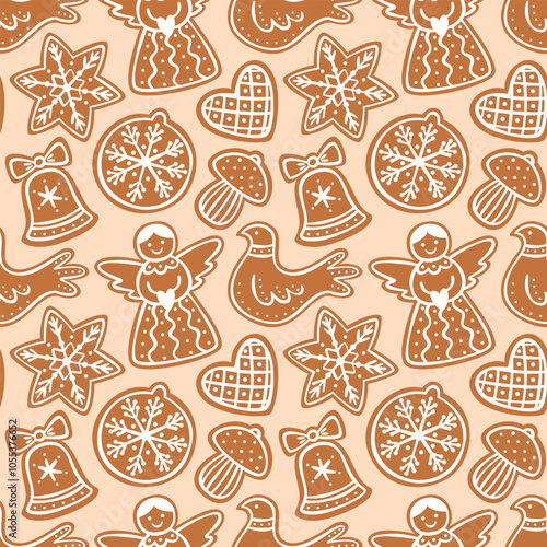 Christmas gingerbread cookies seamless pattern. Holiday traditional food background. Flat vector illustration