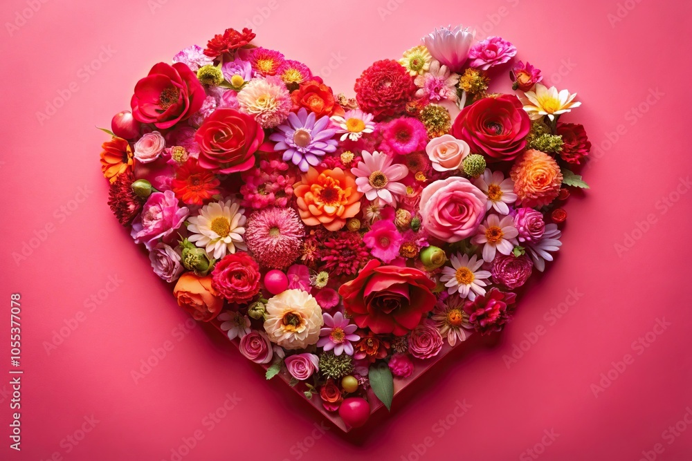 Aerial view of heart shape surrounded by realistic pink and red flowers Aerial view of heart shape surrounded by realistic pink and red flowers