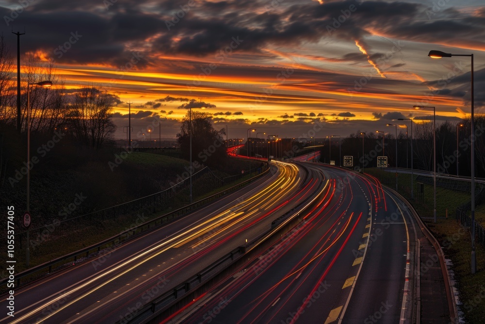 Aerial view of a highway with a beautiful sunset in the background Aerial view of a highway with a beautiful sunset in the background