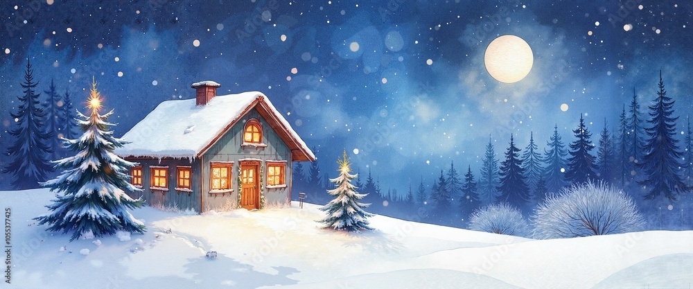 Snow-Covered Cabin and Christmas Trees Under Moonlit Winter Sky Snow-Covered Cabin and Christmas Trees Under Moonlit Winter Sky