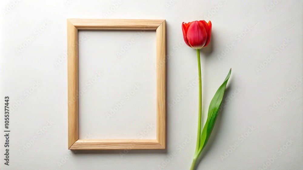 A modern, minimalist wood frame showcasing a single, long-stemmed red tulip with slender leaves and a sleek, clean background, modern, elegant, wood, red flowers A modern, minimalist wood frame showcasing a single, long-stemmed red tulip with slender leaves and a sleek, clean background, modern, elegant, wood, red flowers