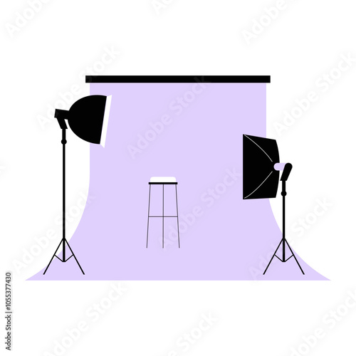 Photography Studio Setup With Lighting Equipment In Flat Vector Illustration Symbolizing Professional Photography, Studio Lighting, And Creativity, Isolated On White Background