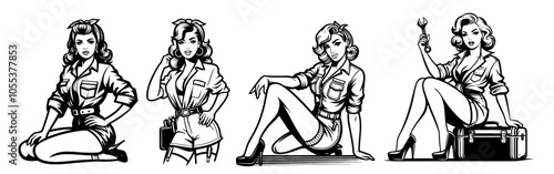 vintage pin-up girls in workwear, perfect for automotive-themed designs and nostalgic decor black vector