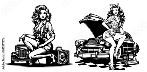 classic pin-up mechanics working on cars, black vector collection