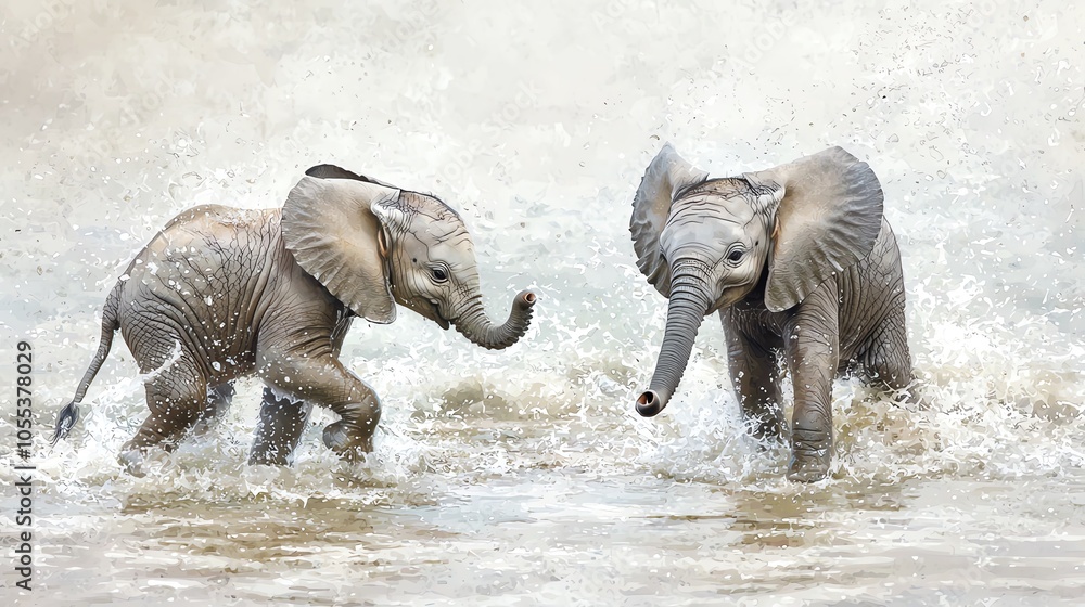 Fototapeta premium Baby elephants playing in rain puddles, splashing water, dreamy watercolor technique, gentle color palette