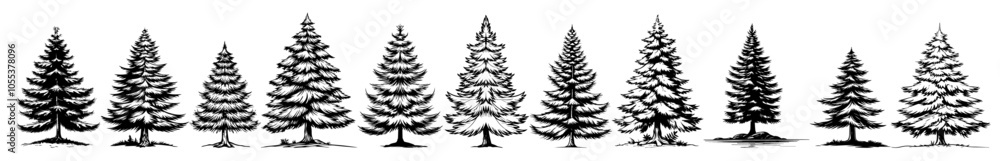 Fototapeta premium collection of pine tree illustrations in different styles, black vector