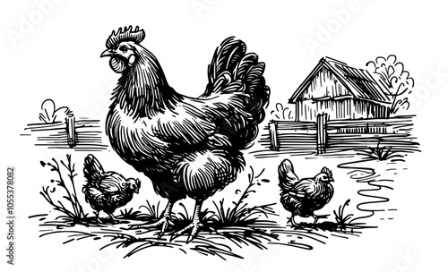 farm life illustration of hen and baby chicks, classic black vector