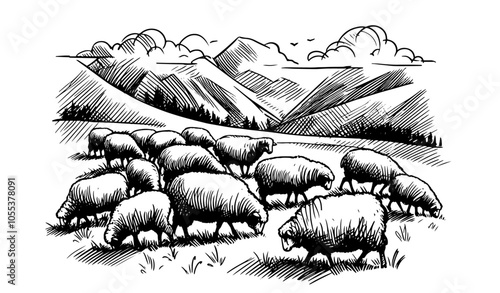 traditional black vector landscape of sheep in mountainous terrain