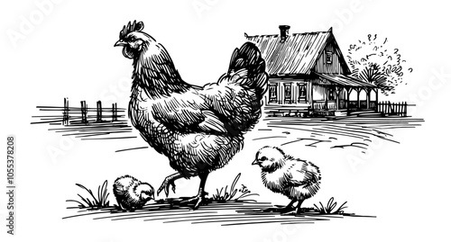 illustration of protective hen with chicks in grassy farmyard, black vector