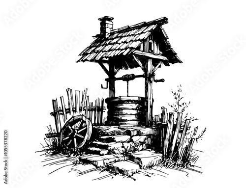 rustic old water well with wooden roof, black vector illustration