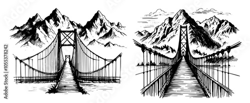 detailed mountain landscape with suspension bridge vector collection