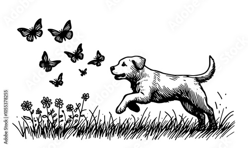 playful dog chasing butterflies in a field, capturing the joy of nature in a detailed line art sketch black vector