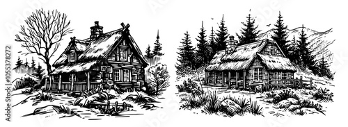 hand-drawn sketch of log cabin in mountain scenery, black vector