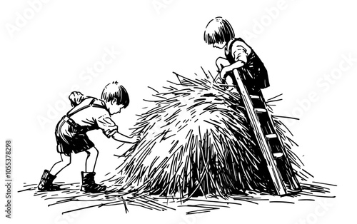 children playing in haystack farm scene – black vector
