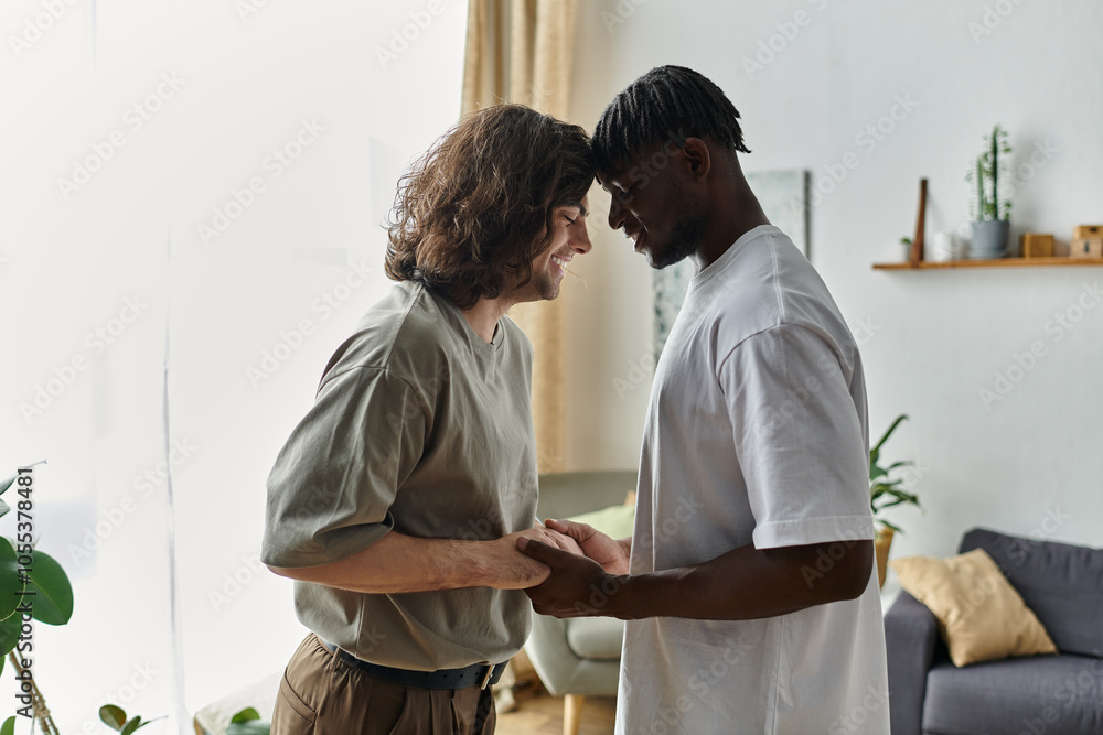 Obraz premium Two partners share a tender moment, smiling and connecting deeply in their cozy living space.