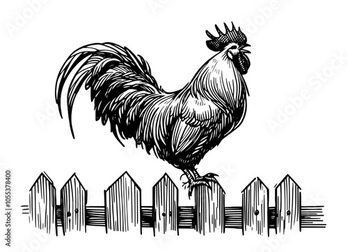 detailed black vector of rooster perched on rustic wooden fence