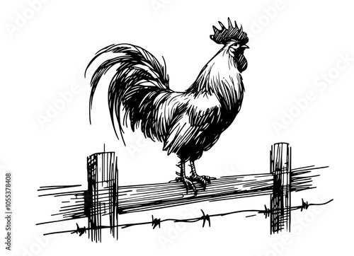 hand-drawn rooster standing proudly on fence, black vector sketch