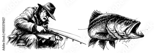 vintage-style fisherman with big catch by the water, black vector art