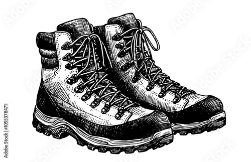expressive line art sketch of trekking boots, ideal for adventure and wilderness-themed projects black vector