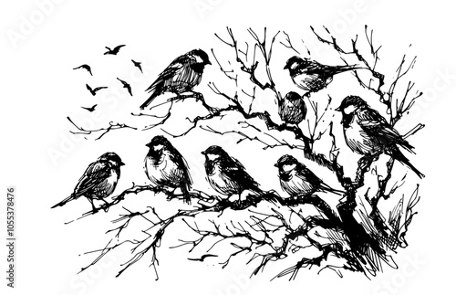 group of birds in detailed nature illustration – black vector