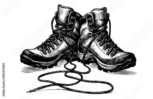detailed black and white sketch of trekking boots, perfect for outdoor and adventure-themed designs black vector