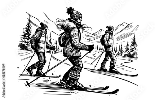 group of people skiing down mountain slope black vector