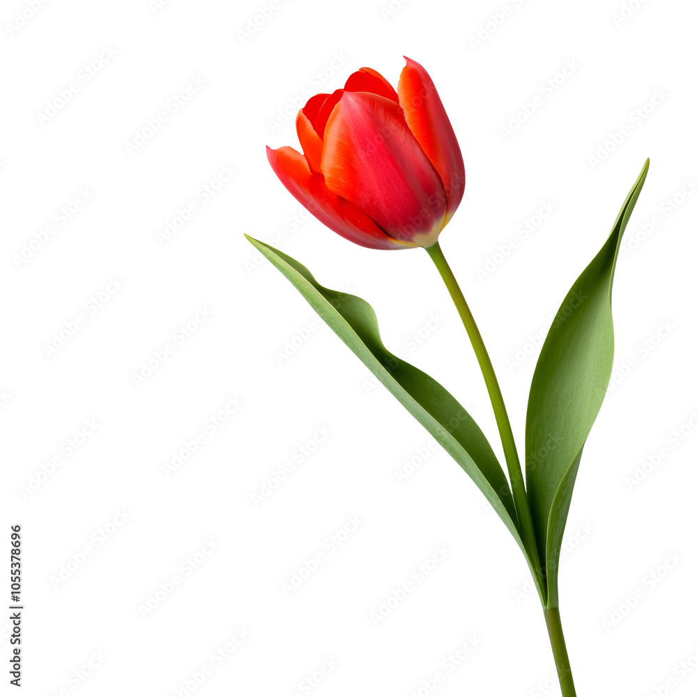 Red tulip flower with green leaves on transparent background. Red tulip flower with green leaves on transparent background.