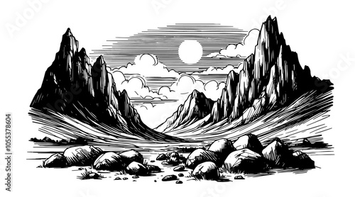 majestic mountain peaks at sunrise with clouds, black vector artwork