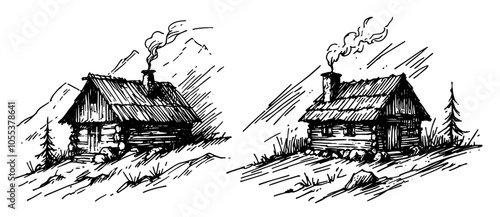 hand-drawn sketch of log cabin in mountain scenery, black vector
