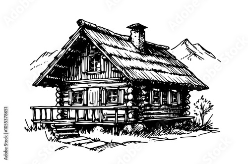 wooden cabin with mountain views and pine trees, black vector illustration